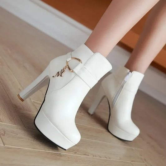 Elegant Short Boots Women Shoes Autumn Winter Women's Ankle Boot Platform Sweet Black White Pink Heeled Party Shoes Ladies