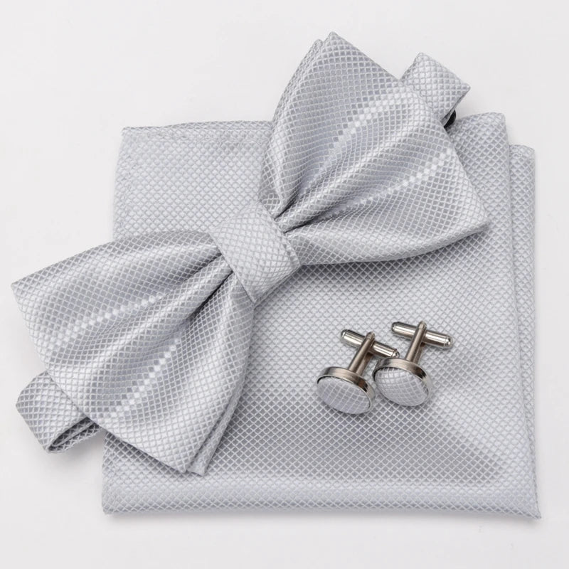 Men Bowtie Set 3pcs Plaids Classic Fashion Wedding Party Formal Cufflinks Bow Tie Handkerchief Cuff Links Lots Three Piece Set