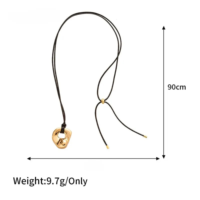 Gold Plated Geometric Circle Pendant Necklace for Women Girls Adjustable Long Leather Rope Chian Necklaces Sweater Chain Jewelry