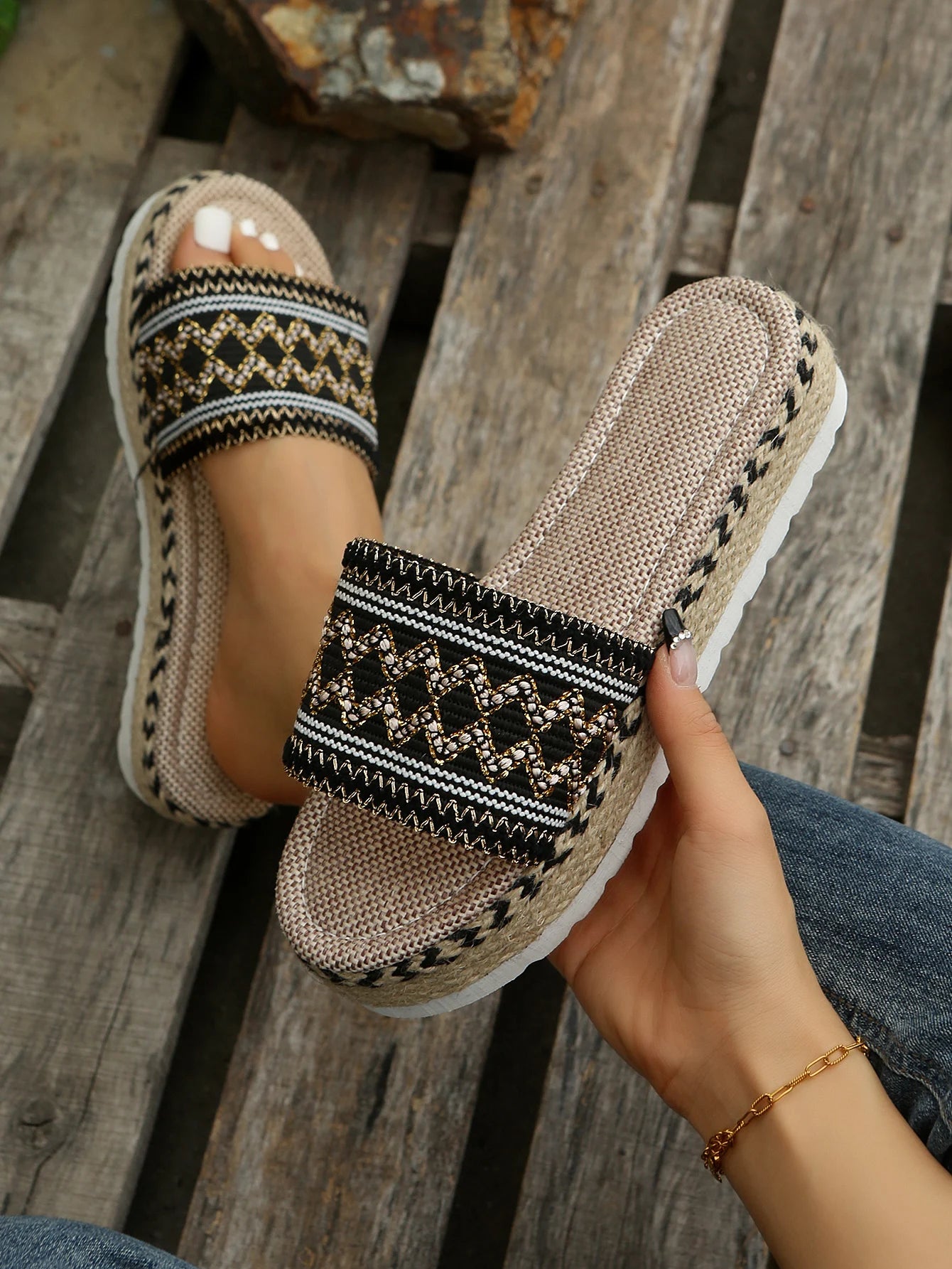 Gewebte Damen Pantoletten Platform - Sommer Schuhe für Damen 2025 Neu - Strand Casual Absatz Sandalen Bohemian Handgemacht Espadrilles