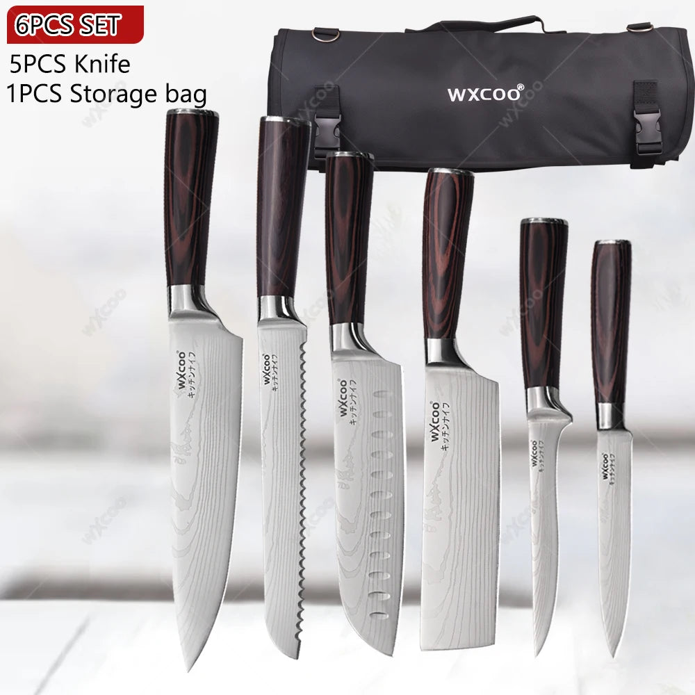 WXCOO Professional Kitchen Chef Knife Damascus Steel Laser Pattern Santoku Knife Double Side Magnetic Kitchen Knife Block