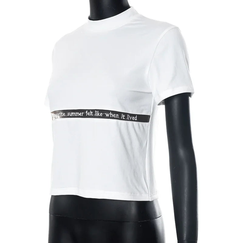 White T Shirts For Women Streetwear Letters Tshirt Hollow Out Crop Top Y2k Clothes Short Sleeve Ropa De Mujer Slim Fit Camisetas