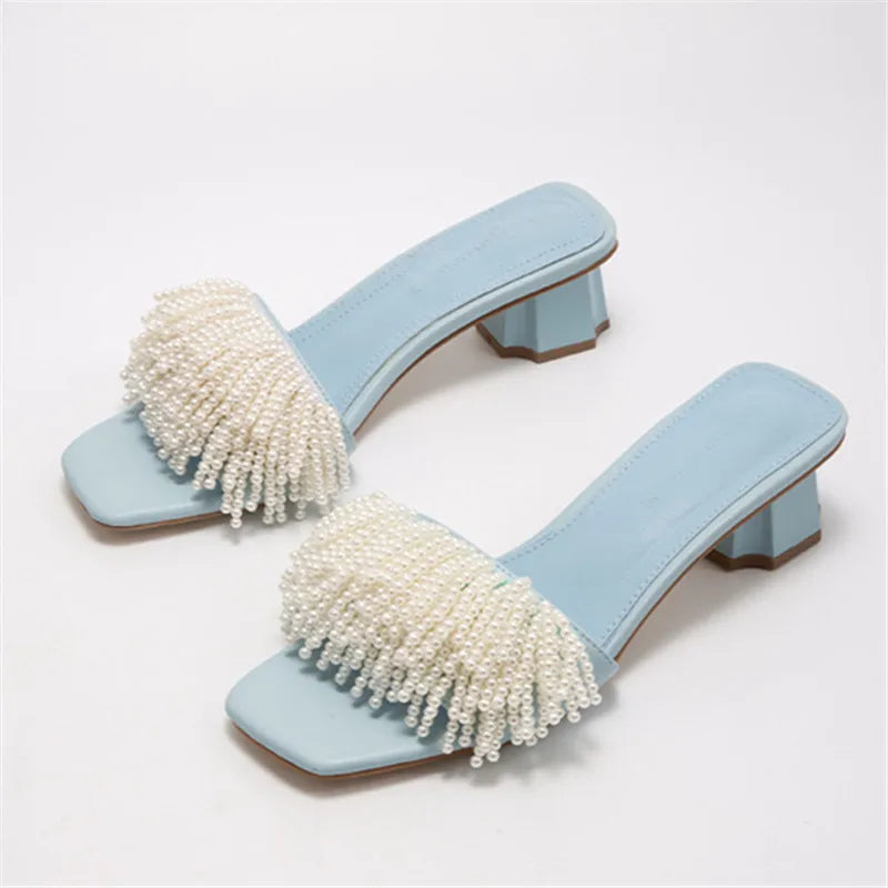 Pearl Beads Women Slippers Blue Flat Shoes Female Summer Outside Slides Ladies Casual Beach Slipper Handmade Gladiator Sandals - Golden Bridge Store
