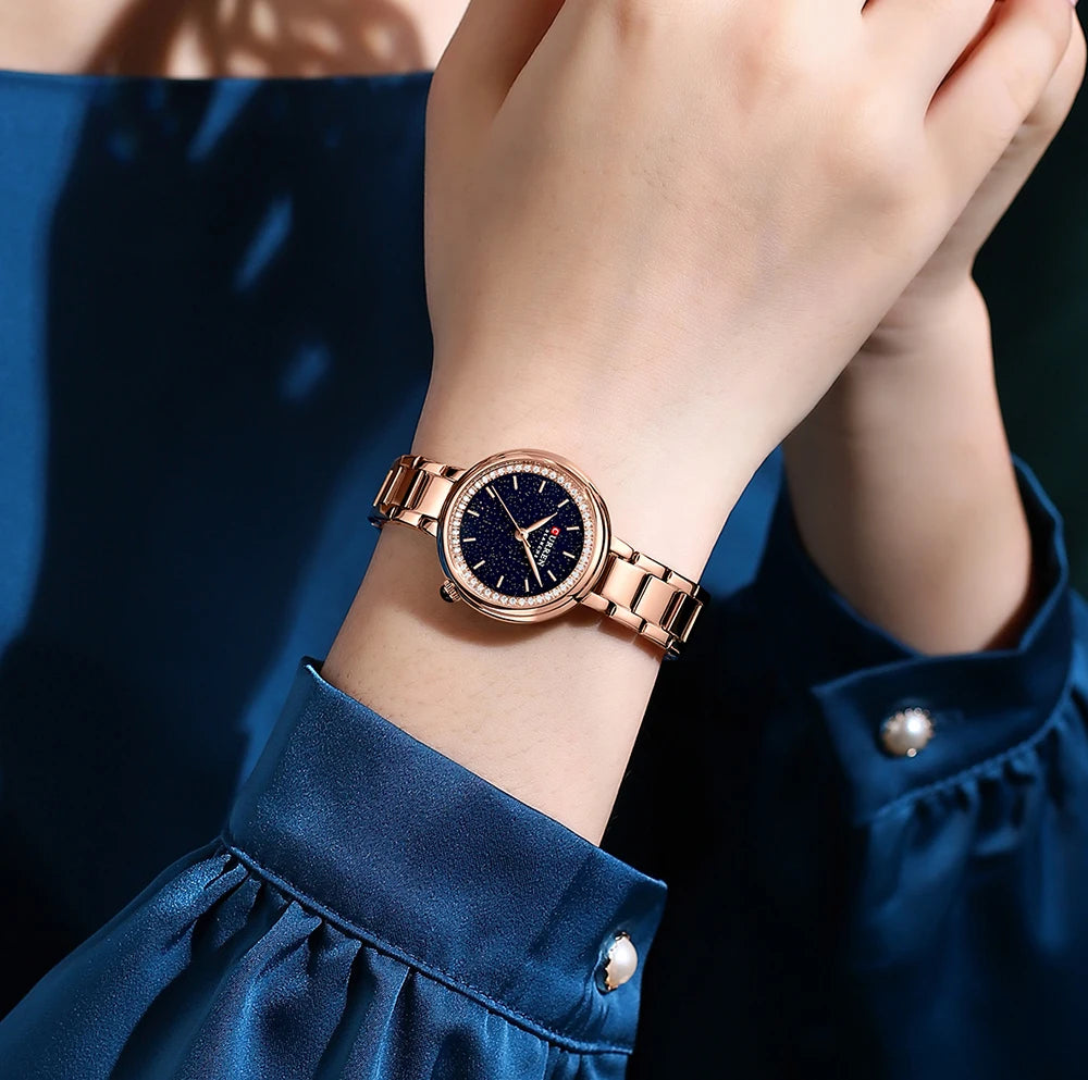 CURREN Luxus Uhr Damen Ring Halskette Ohrringe - Strass Mode Armbanduhr Weiblich Casual Damen Uhren Armband 5-teiliges Set