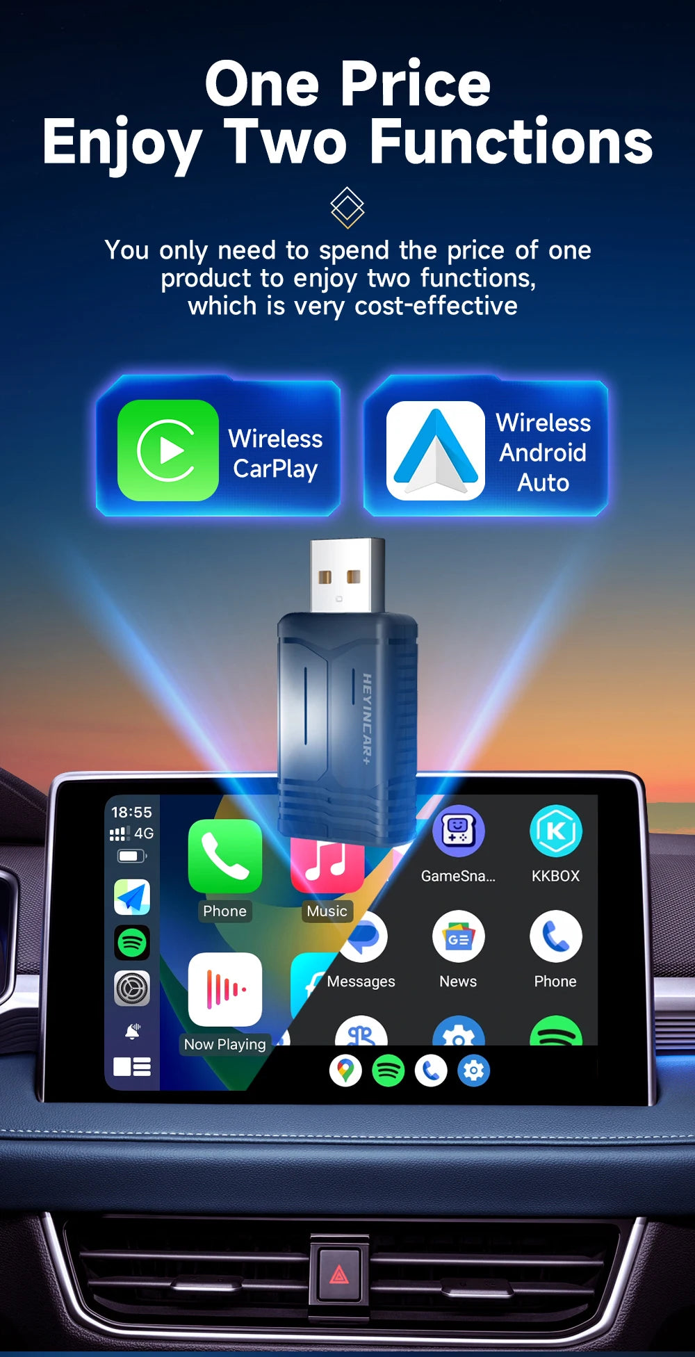 Căști wireless HEYINCAR H-Air 2 în 1 - BT5.0 cu bandă dublă 50x24x10mm