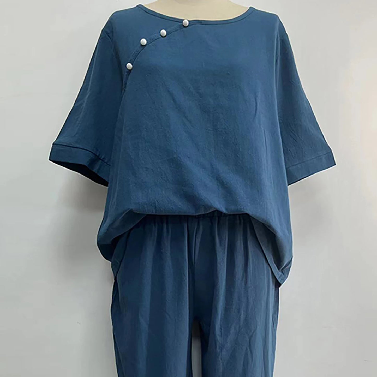 Elegant  Women Outfit Breathable Flower Pattern Blouse Trousers Half Sleeves Soft Blouse Pants Spring Clothes