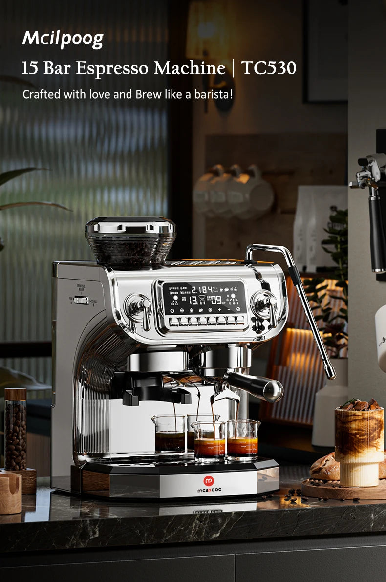 Mcilpoog TC530 Semi Automatic Coffee Machine with Grinder & Powerful Steamer,5.5-Inch Display,Coffee Maker for Home and Office.