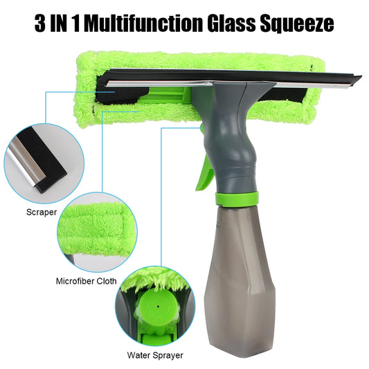 Spray Scraper Brush Water Spray Window Cleaner Glass Scraping Wiper Microfiber Cloth Pad Kit Household Cleaning Tool 3 in 1