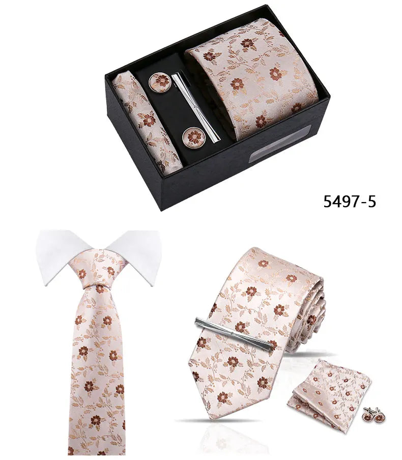 Elegant Men's Suit Necktie Gift Box Set Floral Tie Handchief Cufflinks Tie Clip 4-Piece Business Wedding Party Suit Accessories