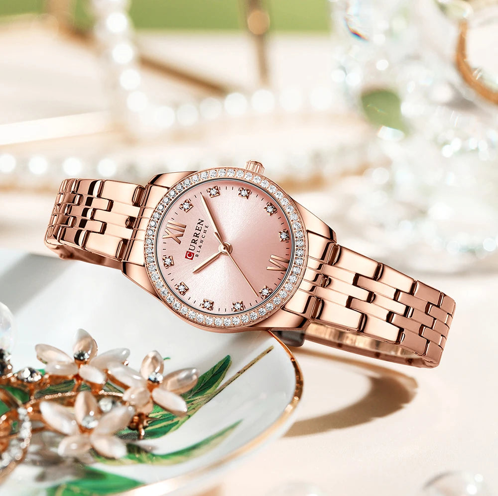 CURREN Luxus Uhr Damen Ring Halskette Ohrringe - Strass Mode Armbanduhr Weiblich Casual Damen Uhren Armband 5-teiliges Set