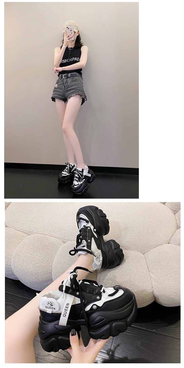 White Chunky Sneakers Women New Autumn Hidden Heel Platform Sports Dad Shoes Woman Lace Up Breathable Mesh Casual Shoes 9.5CM