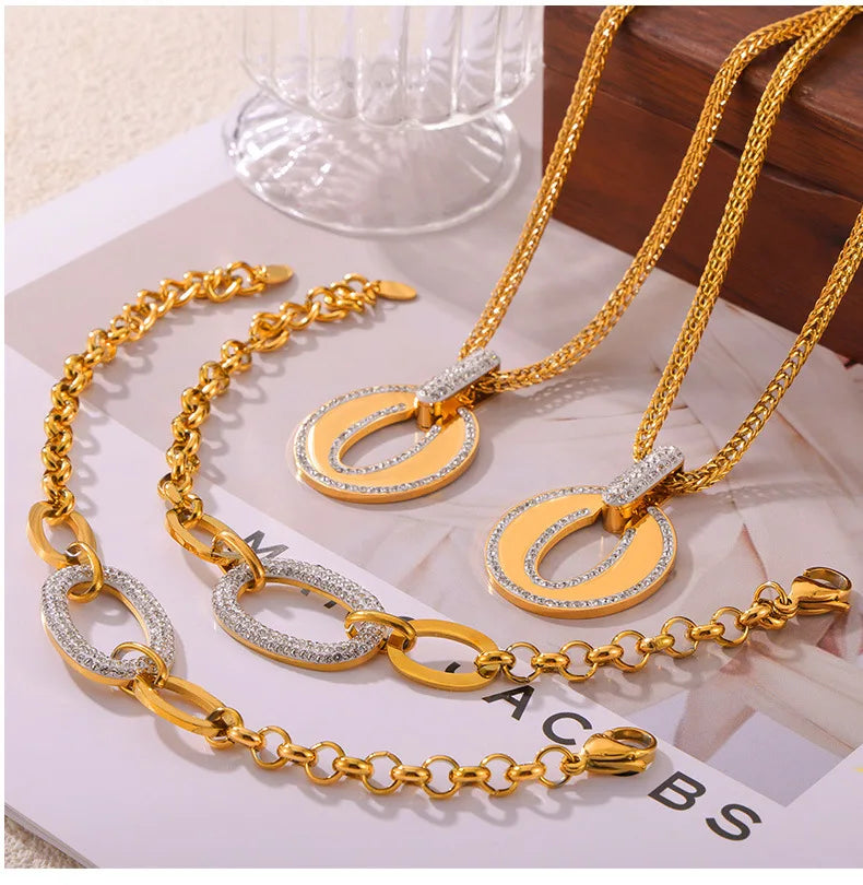 Luxus Strass Runder Anhänger Halskette - Edelstahl Goldplattiert Armband Schmuck Set - Damen Hochzeit Accessoires