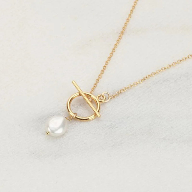 Gold Filled Chain Necklace with Mini Toggle Closure , Silver Pearl Pendant Layering Necklaces, Jewelry Gift for Her