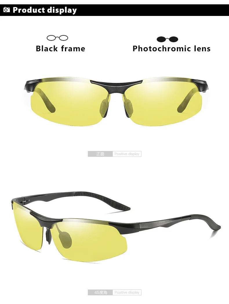 CLLOIO Aluminium Rimless Photochromic Day Night Vision Anti-Glare Glasses Men Polarized Driving Sunglasses Travel Fishing Goggle