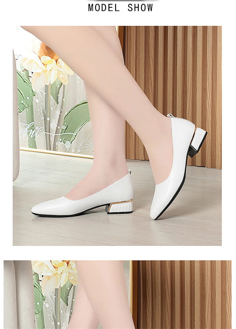 Simple Soft Leather Thick Heel Single Shoes For Women In Summer New Pointed Toe Low Heel White Work Shoes Elegant Comfortable