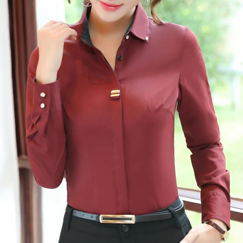 Elegant Women Cotton Shirt Work Wear New Autumn High Quality Long Sleeve Slim Fashion Blouse Office Ladies Plus Size Formal Tops