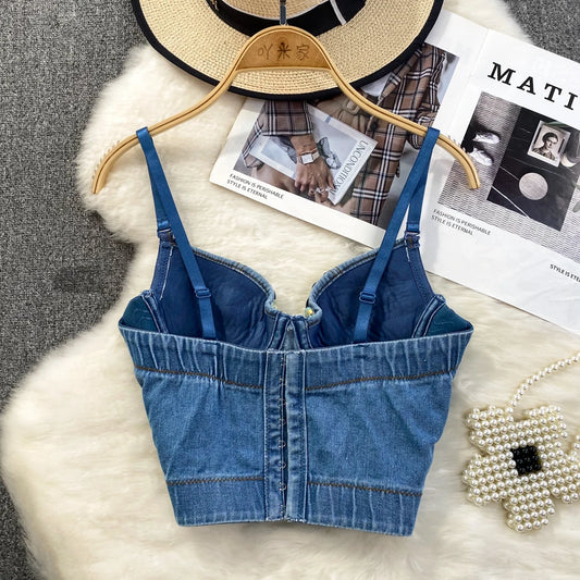 Femei vară Denim camisol corset top construi în sutien cristal diamante perle lux blugi topuri High Street Club petrecere pijamale