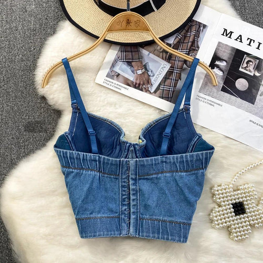 Women Summer Denim Camisole Corset Top Build In Bra Crystal Diamonds Pearl Luxury Jeans Tops High Street Club Party Nightwears - Golden Bridge Store