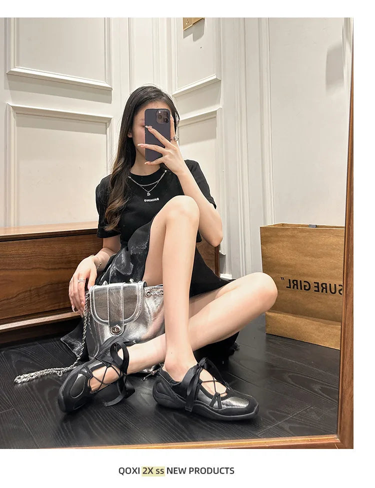 Ballet Flat Sneakers Women's Thick Bottom Bowknot Hollow Out Shoes Fashion Designer Mary Jane Ballet Comfort Shoes Female