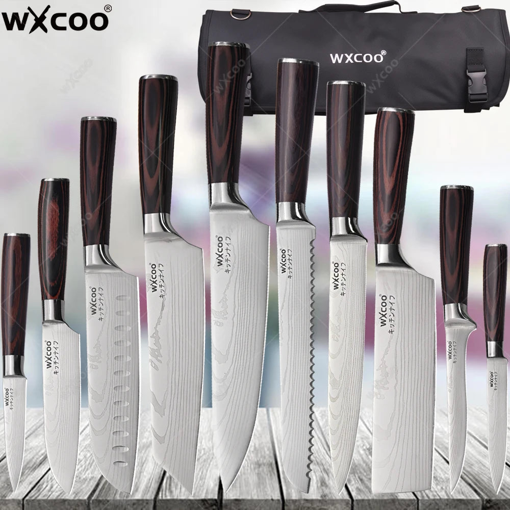 WXCOO Professional Kitchen Chef Knife Damascus Steel Laser Pattern Santoku Knife Double Side Magnetic Kitchen Knife Block