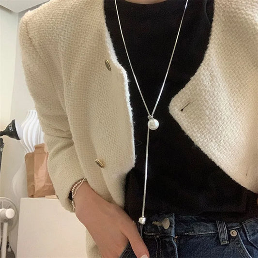 Fashion Silver Color Long Tassel Pull Pearl Pendant Necklaces for Women Simple Adjustable Clavicle Chain Choker Jewelry Gift
