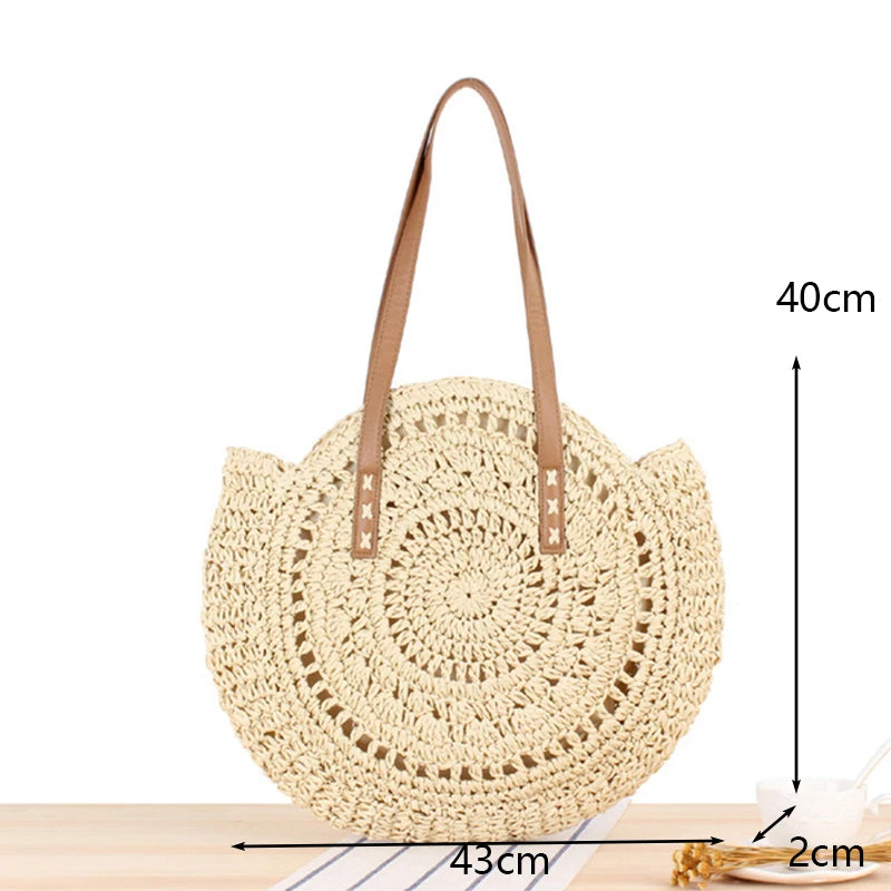 Round Straw Beach Bag Vintage Handmade Woven Shoulder Bag Raffia circle Rattan bags Bohemian Summer Vacation Casual Bags