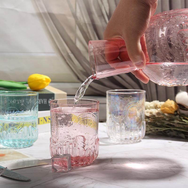 Glass Embossed Cold Water Kettle Set, European Style, Vintage Water Cooler, Household Kettle, Five Piece Water Set