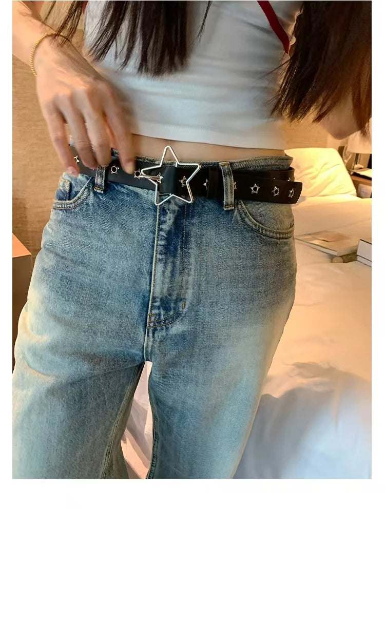 Punk-Style Star Embellished Belt with Multiple Holes Fashionable Button Clasp Versatile Waist Belt for Trendy Pants