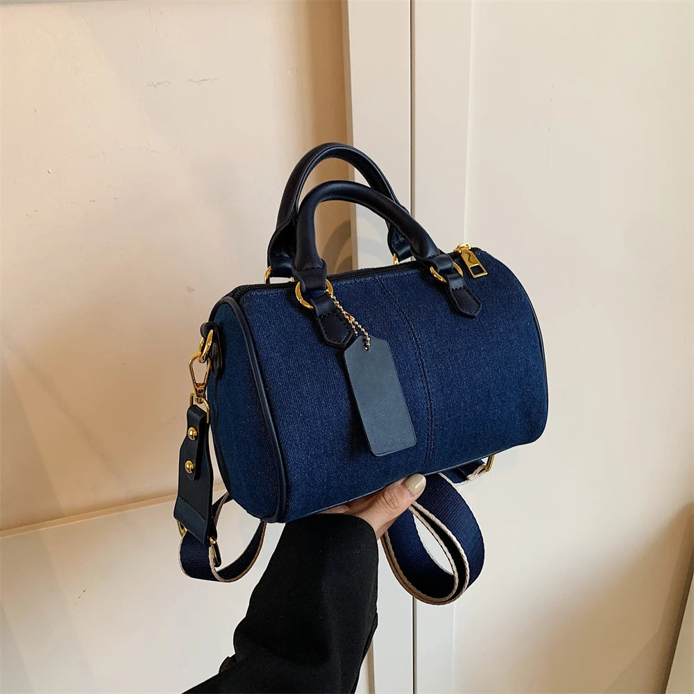 Patchwork Colorblock Mini Handbags For Women Denim Shoulder Cross Body Bags Casual Street Small Boston Bag 2024 Designer Purses