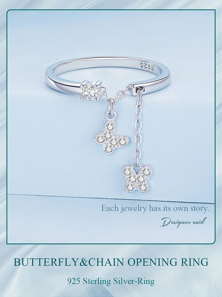 WOSTU 925 Sterling Silver Butterfly Link Open Rings pentru femei delicat strălucitor zircon reglabil inel Fine Party bijuterii cadou