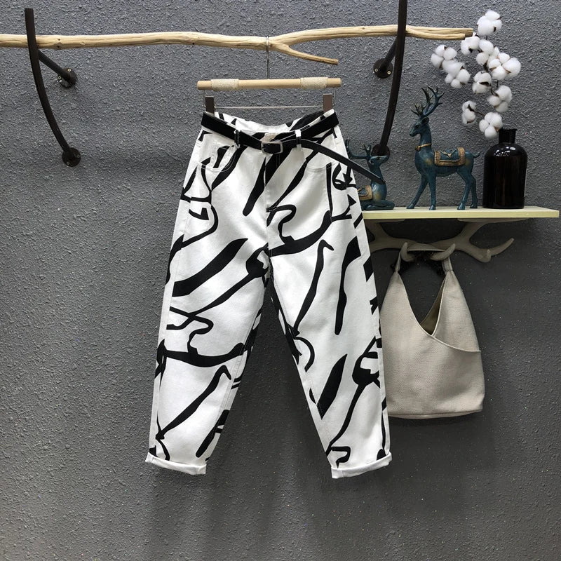 Damen Jeans 2025 - Streetwear Fashion Graffiti Print High Waist Washed Loose Straight