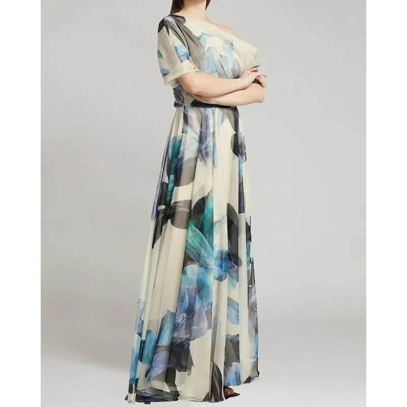 Elegant Women Bohemian Dress Y2K Chic Clothes Sexy Fashion One Shoulder Short Sleeve High Waist Pleated Vacation Long Dress