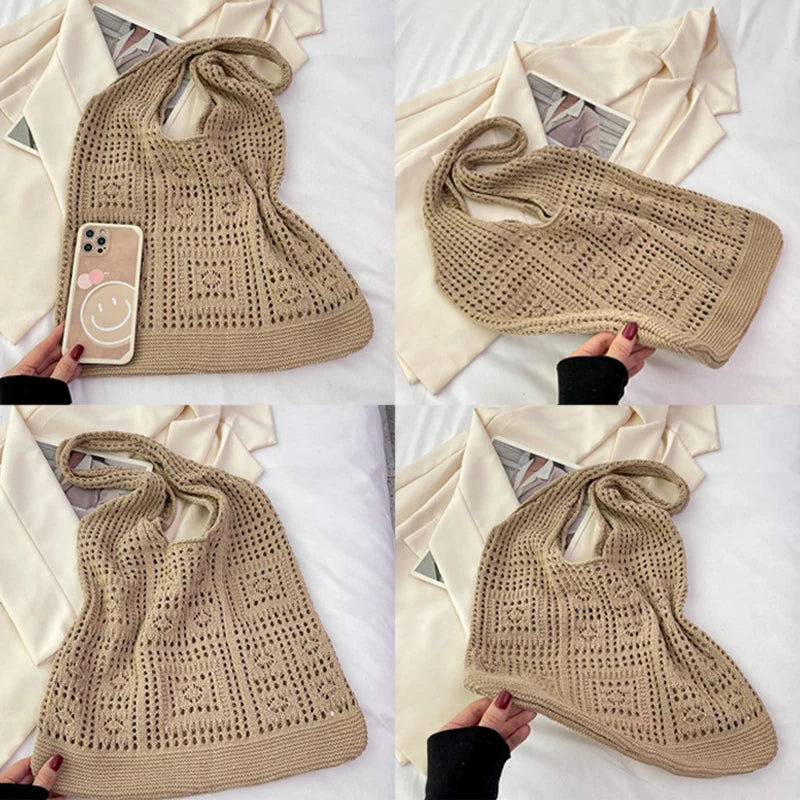 Knitted Handbags Beach Bags Lightweight Students Shoulder Casual Tote Female Style Shopping Woven Bags For Women Girls