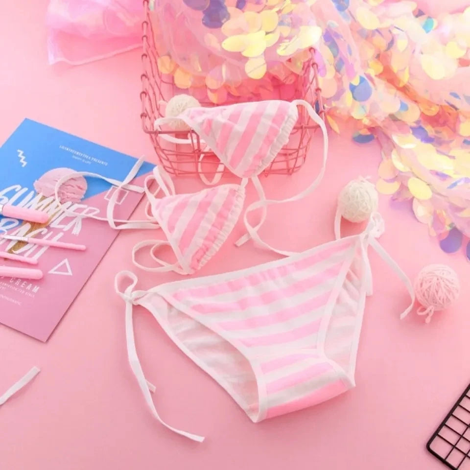 Japanische Lingerie 2025 - Lolita Kawaii Blau Pink Weiß Gestreift Mini-Bikini Cosplay BH Set
