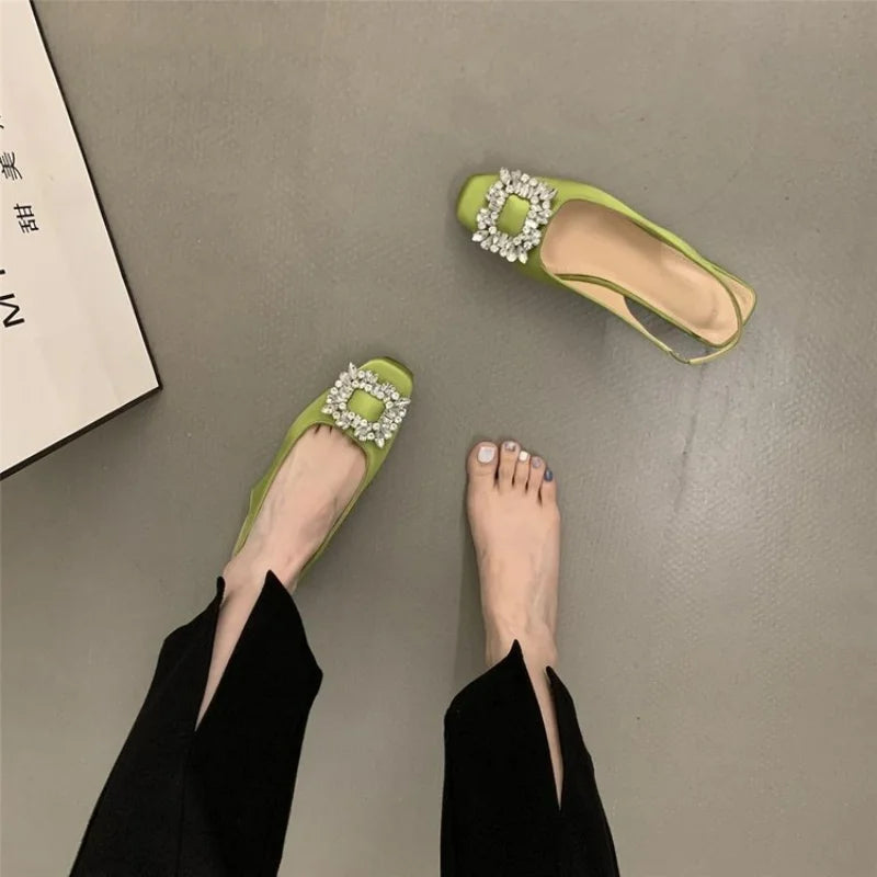 Fashion Women's Sandals Summer New Slingback Slippers Female Low Heel Rhinestone Buckle Back Strap Sexy Pumps Sandalias De Mujer