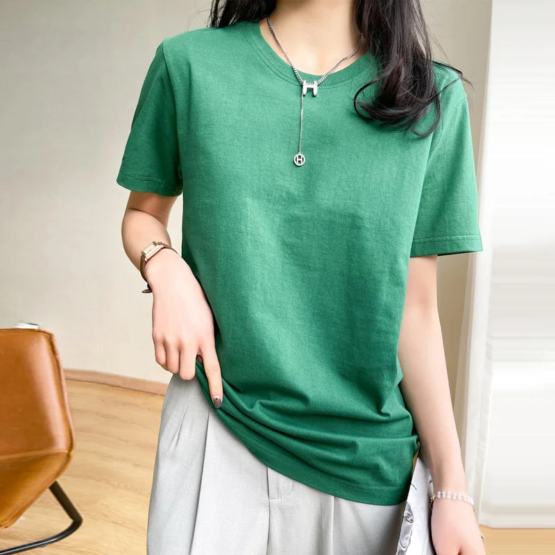 Women T-shirts 2025 Tops Solid Short Sleeve Loose O-neck Cotton Casual Ladies Shirts Harajuku Korean Summer Woman Tshirts