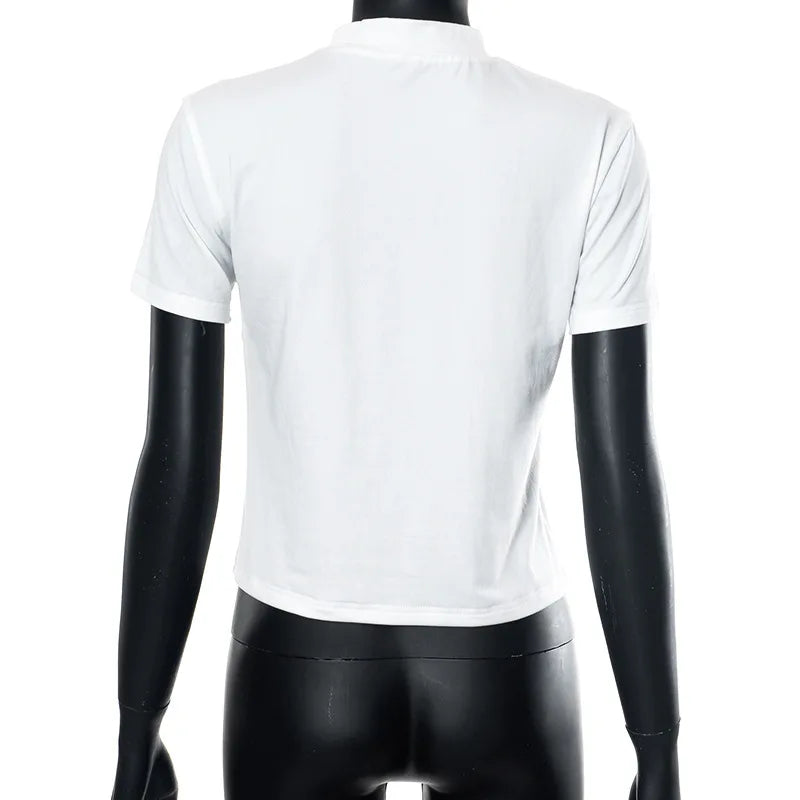 White T Shirts For Women Streetwear Letters Tshirt Hollow Out Crop Top Y2k Clothes Short Sleeve Ropa De Mujer Slim Fit Camisetas