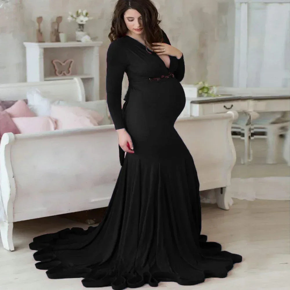 Women's Spring Autumn Maternity Dress Elegant Slim V-Neck Long Sleeve Mermaid Maxi Gowns for Photography Baby Shower Photoshoot - Golden Bridge Store
