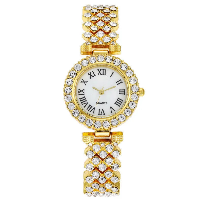 Mode Luxus Vollkristall 5-teiliges Set - Uhr Halskette Ohrringe Ring Set für Damen - Strass Armbanduhr Damen Armband Set Geschenk