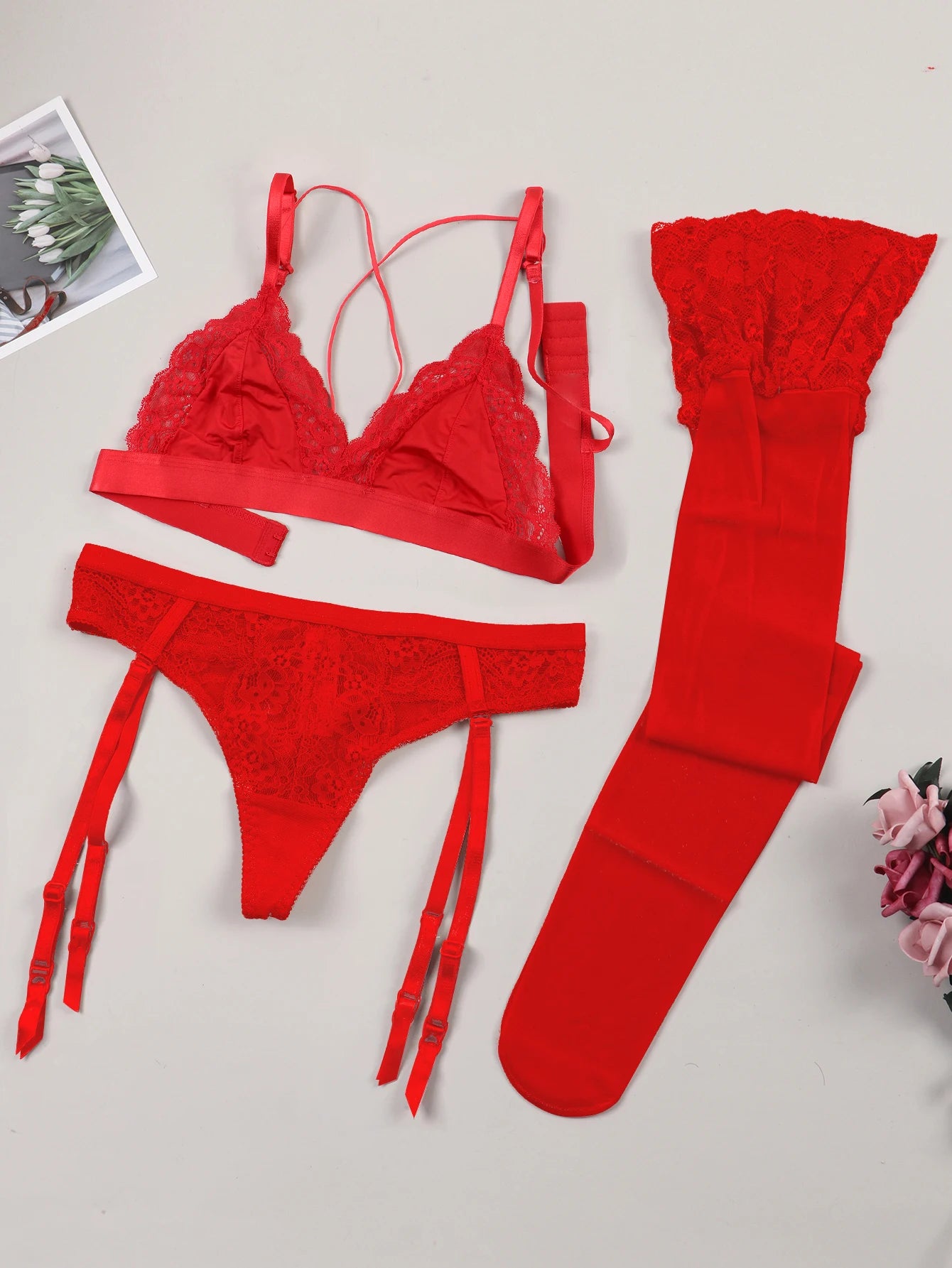 Varsbaby Lace Bra Sets for Women Non-padded Bra Panty Garter Stockings Summer Underwear Lingerie elegant