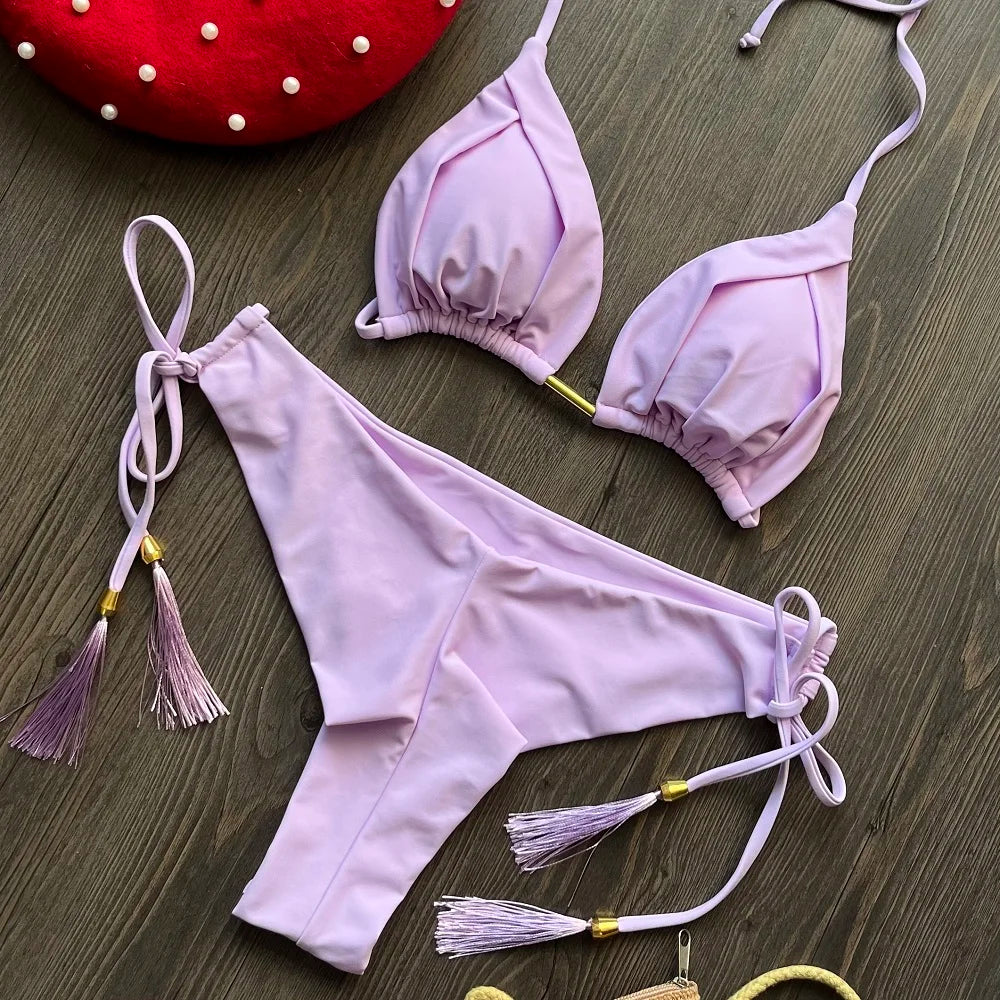 Damen Bikini Set 2025 - Dreieck Badeanzug Brasilianisch Halter Push-Up Metallkette