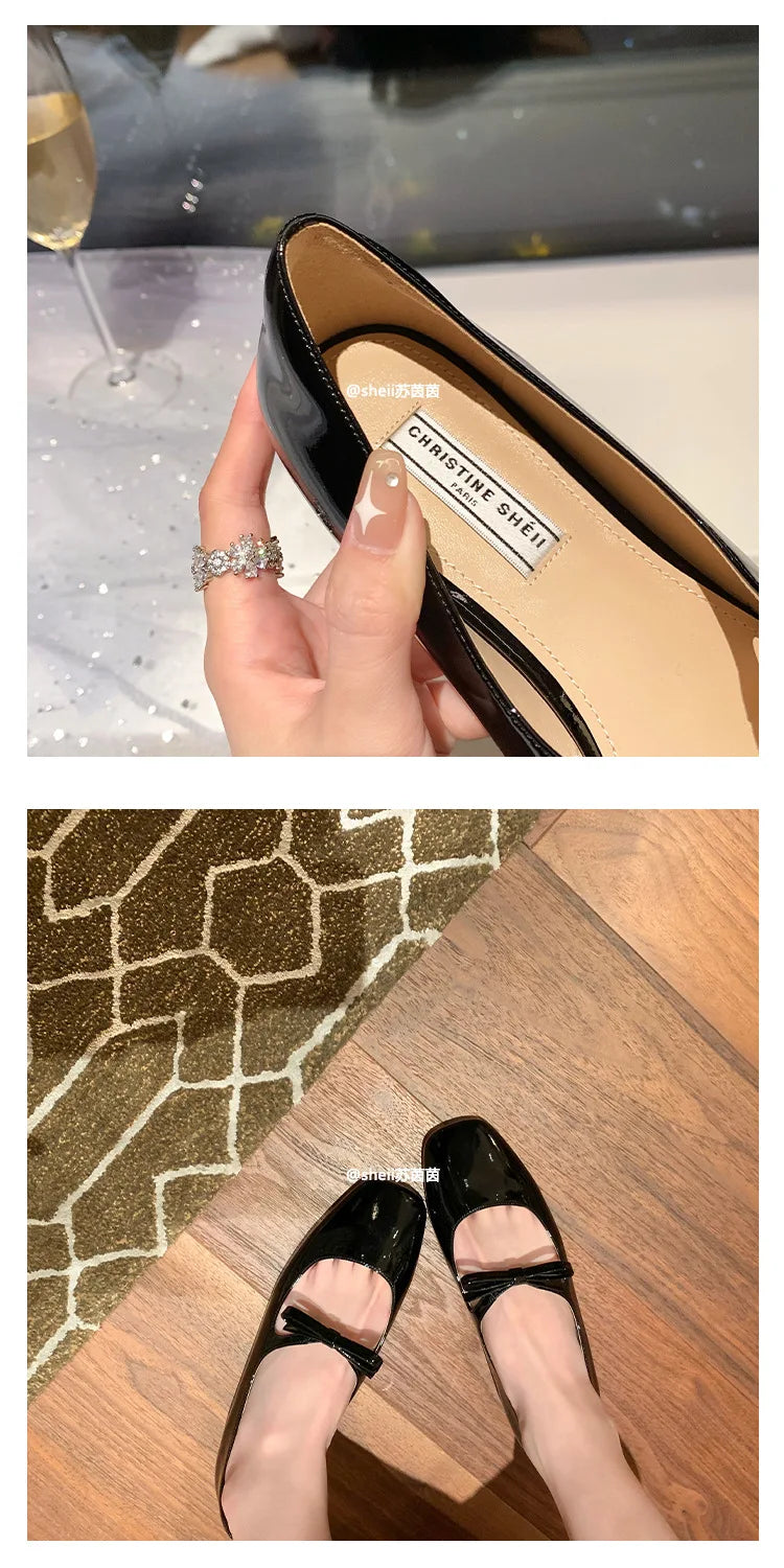 Ballet Falts Shoes for Women Bow Tie Elegant Women's Loafers Shoes with Low Heels Black Leather Mary Janes Desinger Shoes Ladies