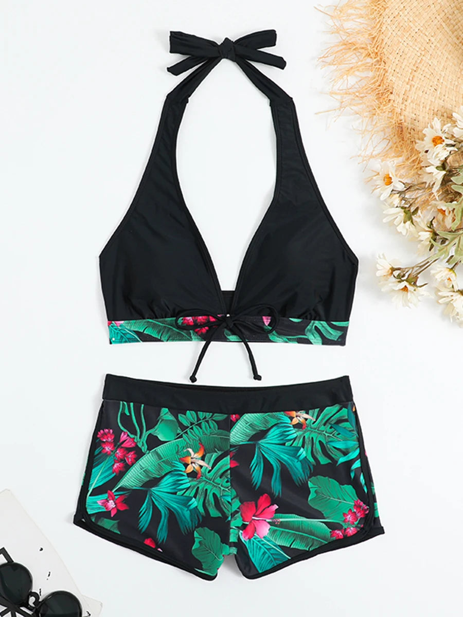 Halter Bikini Set Kurzer Schwimmanzug Frauen High Waist Bedruckte Bademode