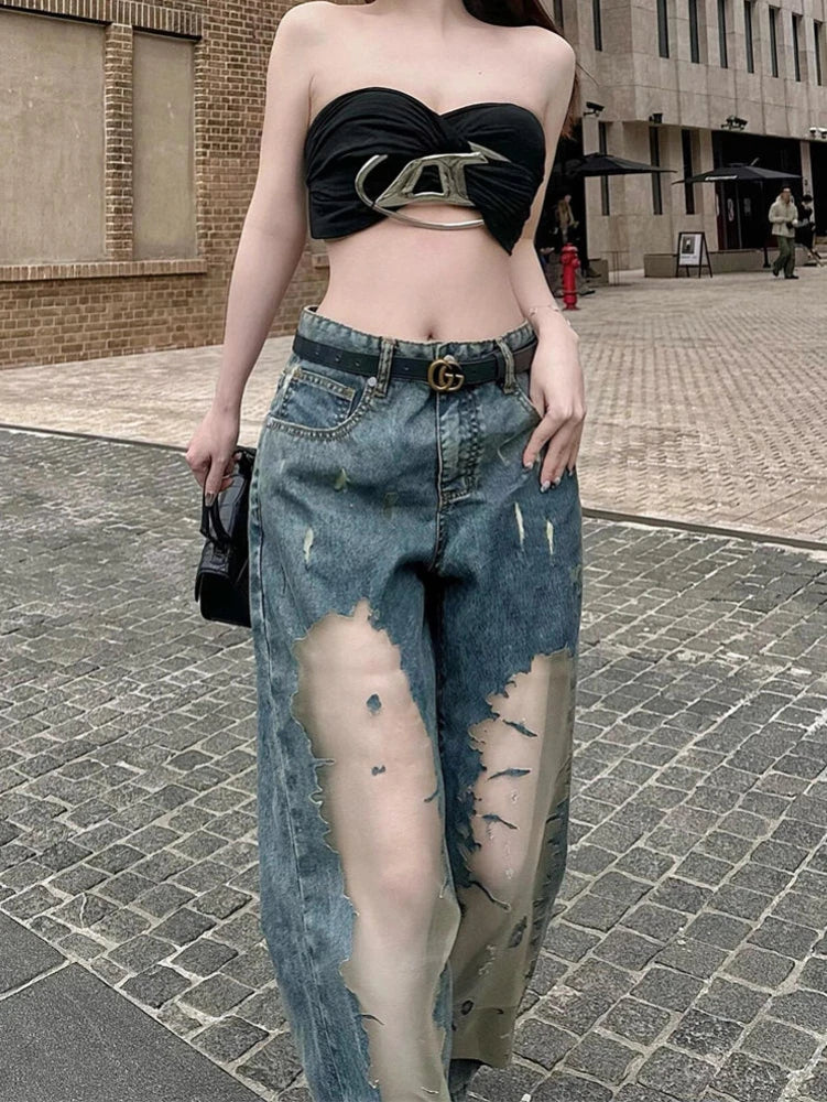 Jeans Women Fashion Lace Patchwork Embroidery Vintage Loose Women Jeans Pants