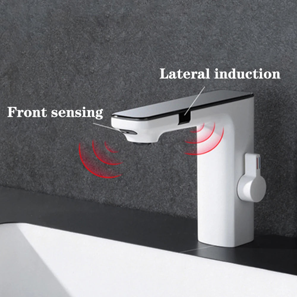 White Smart Daul Sensor Bathroom Basin Faucet Hot Cold Water Mixer Deck Mount Bathroom Sink Faucet