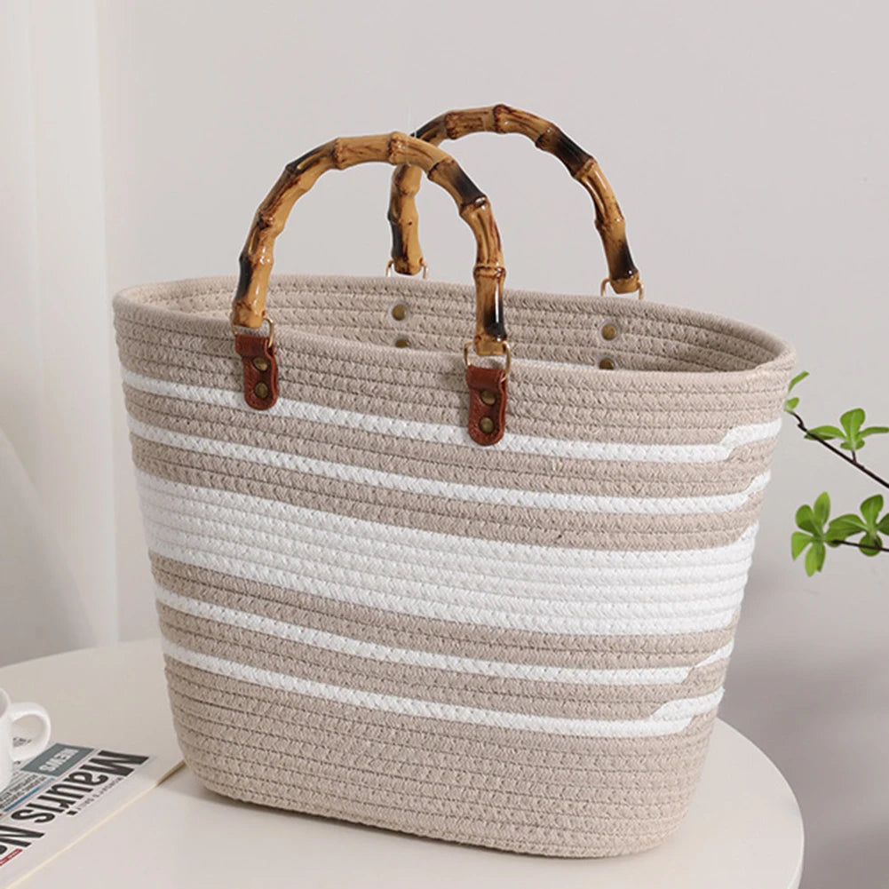 Beach Vacation Bags Bamboo Handle Women Weaving Bag Large Capacity Striped Portable Casual Fashion Exquisite for Seaside Party