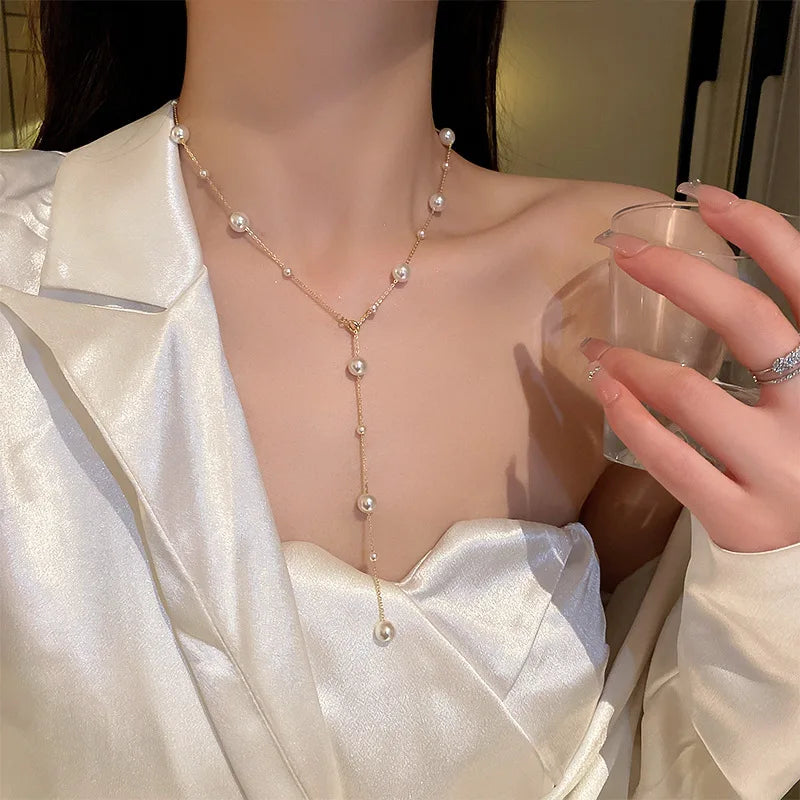Beads Chain Kpop Pearl Choker Gold Color Long Necklace Goth Fashion Jewelry On The Neck Pendant Collar Gifts For Women Wholesale