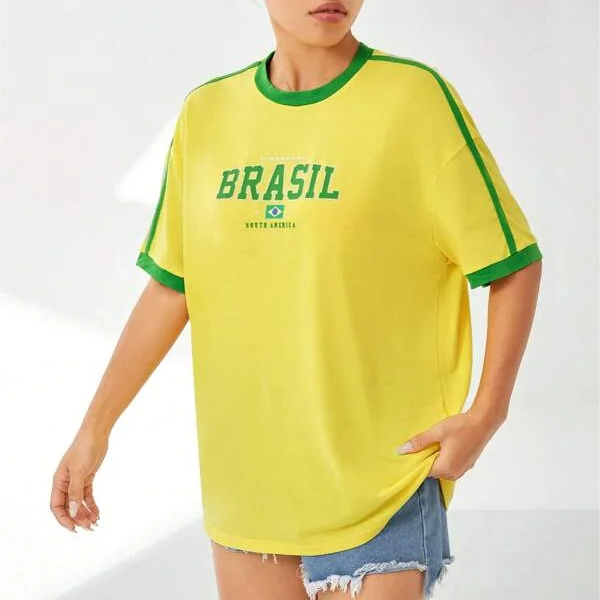 ZSSKASLCN Damen T Shirt Brasil Print - Grün Gelb Slim