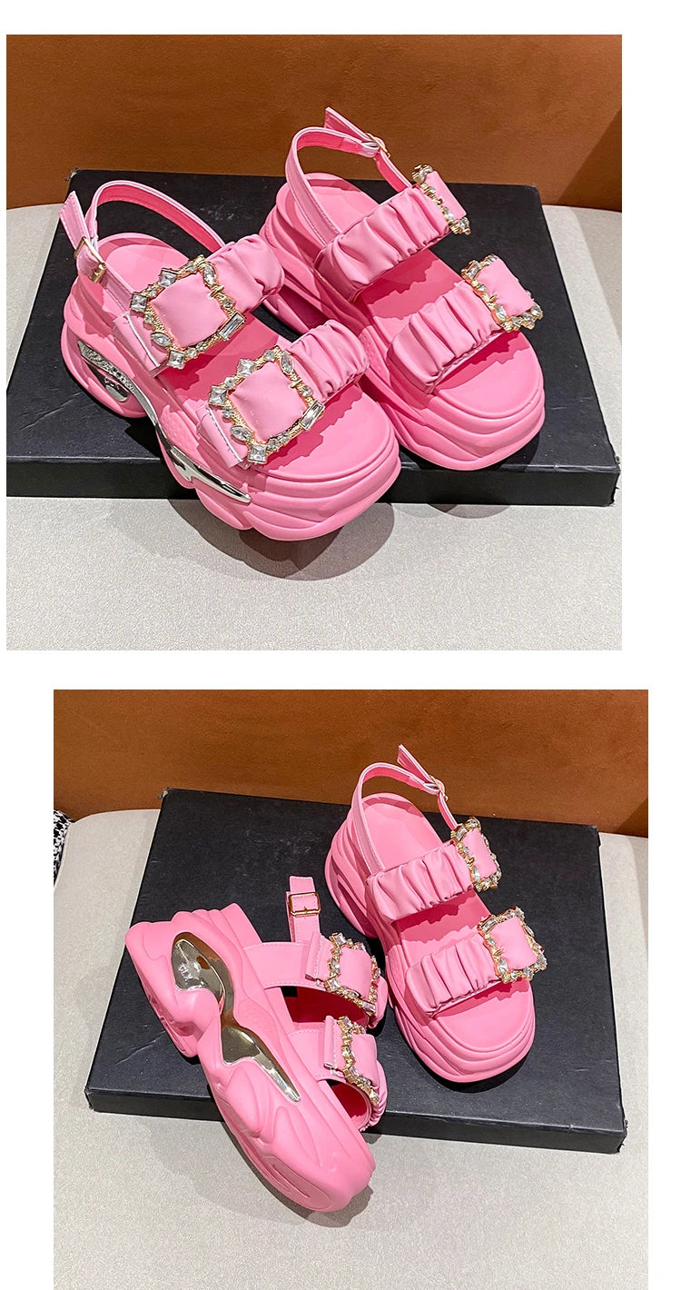 Women's Bling Strap Chunky Sandals Summer 2023 Thick Bottom Wedges Beach Slippers Woman Fashion Pink High Platform Sandals Mujer