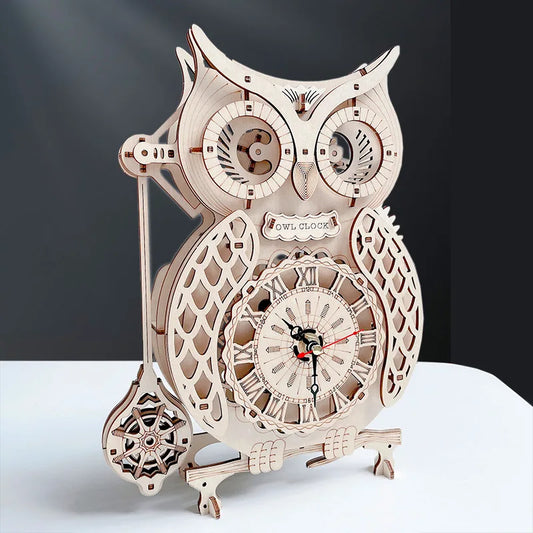 Holz-Puzzle 2025: Wooden 3D Owl Clock Model - Creative DIY Wall Clock Mechanical Retro Pendulum Collection